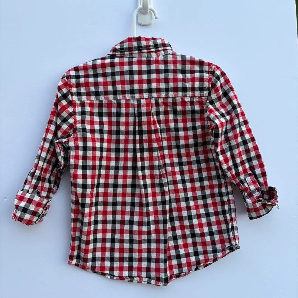 Gymboree Boys 3T Red Black Plaid Button‎ Down Shirt Long Sleeve Cotton 140135367